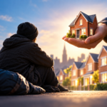 Person facing homelessness beside homes as a landlord offers housing support