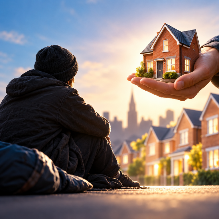 Person facing homelessness beside homes as a landlord offers housing support