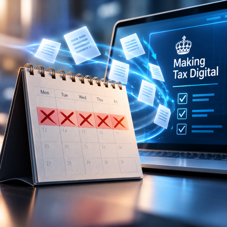 Calendar showing lost working days beside a Making Tax Digital dashboard for landlords