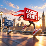 Animated asking rents and agreed prices signs racing through London, illustrating the gap between advertised and agreed rents.
