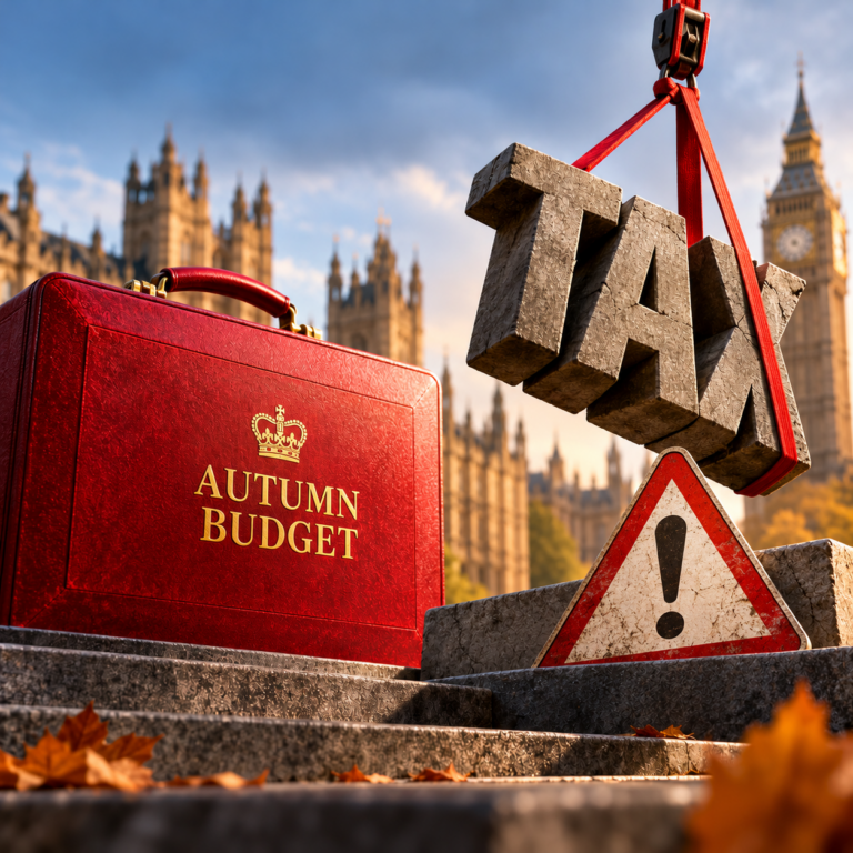 Autumn Budget red briefcase beside a suspended TAX sign warning of potential tax increases for UK landlords.