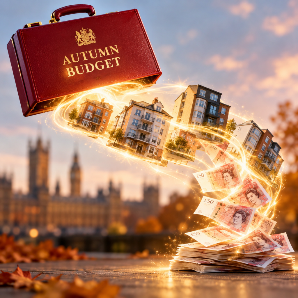 Autumn Budget briefcase above rental properties and cash, highlighting landlords' options to sell property portfolios.