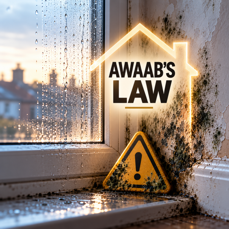 Awaab’s Law graphic showing damp, mould and condensation in a rented home, highlighting proposed private landlord repair deadlines.