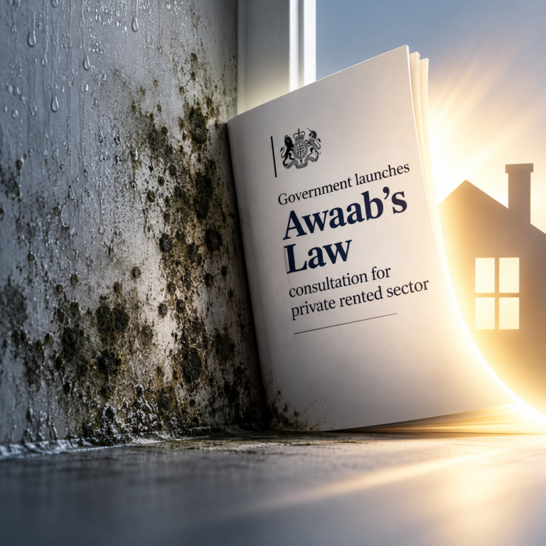 Government consultation on Awaab’s Law for private renters, illustrated by a damp and mould-covered wall.