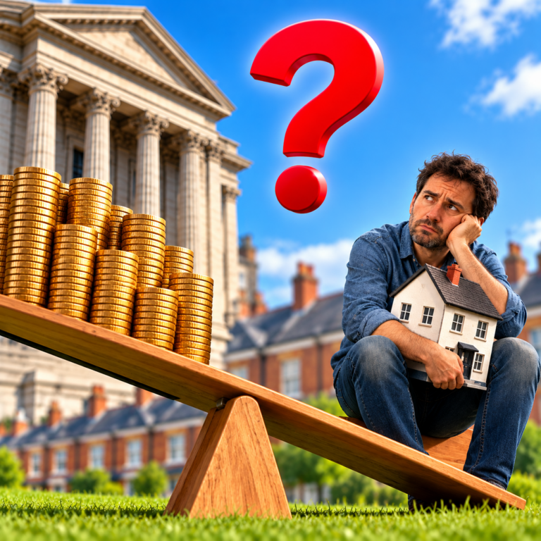 Landlord holding a house on a seesaw against bank profits as rising mortgage rates squeeze rental income.