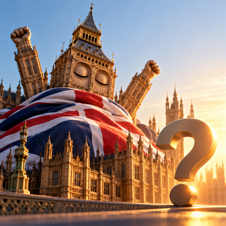 Big Ben wrapped in a Union Jack with raised fists and a question mark, symbolising concerns over UK housing policy.