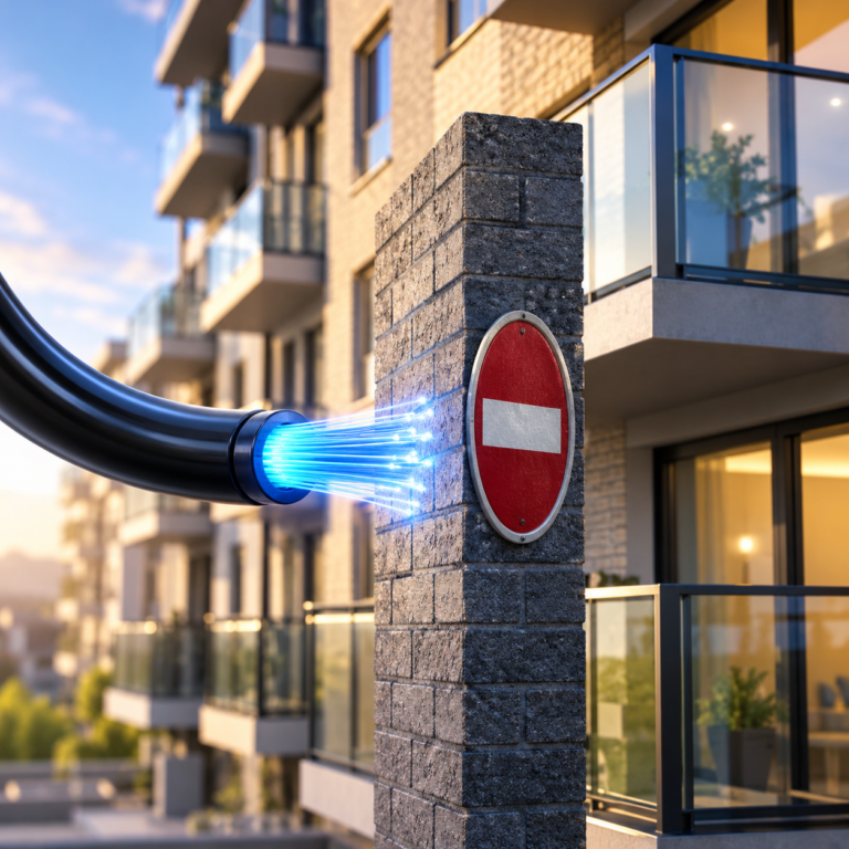 Fibre-optic broadband cable blocked by a no-entry sign outside flats, highlighting leaseholder broadband access barriers.