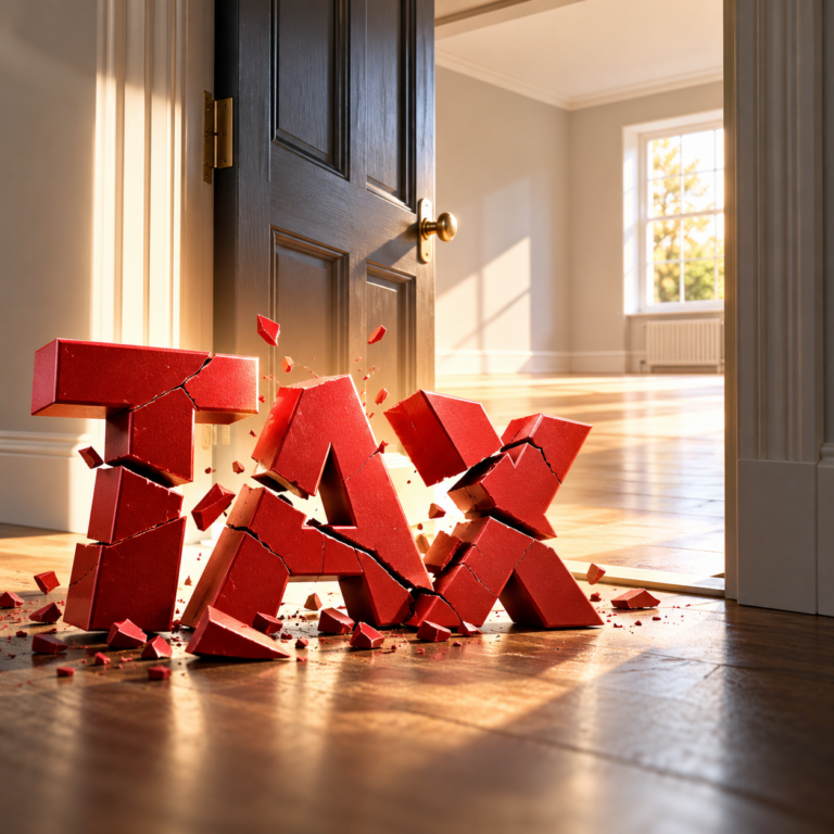 Cracked red TAX letters beside an empty room, illustrating calls to increase the Rent a Room tax-free allowance.