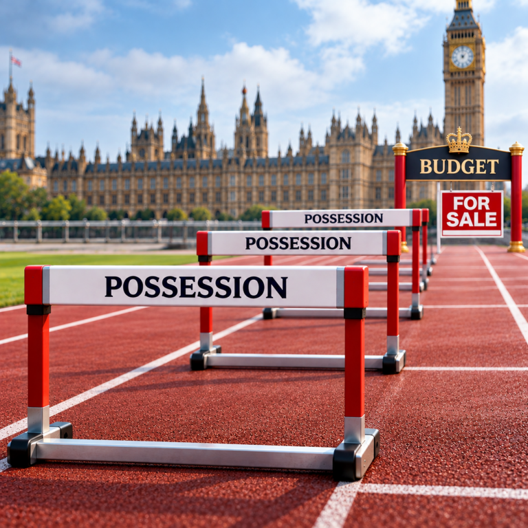 Possession hurdles on a track leading to a Budget for sale sign outside Parliament, symbolising landlord selling delays.