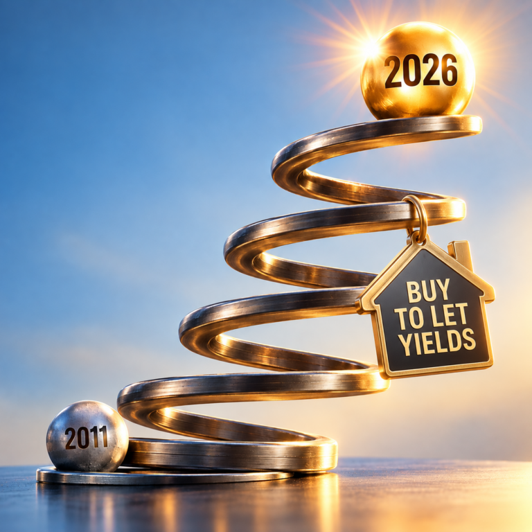 Golden spiral rising from 2011 to 2026, illustrating buy-to-let rental yields reaching their highest level since 2011.