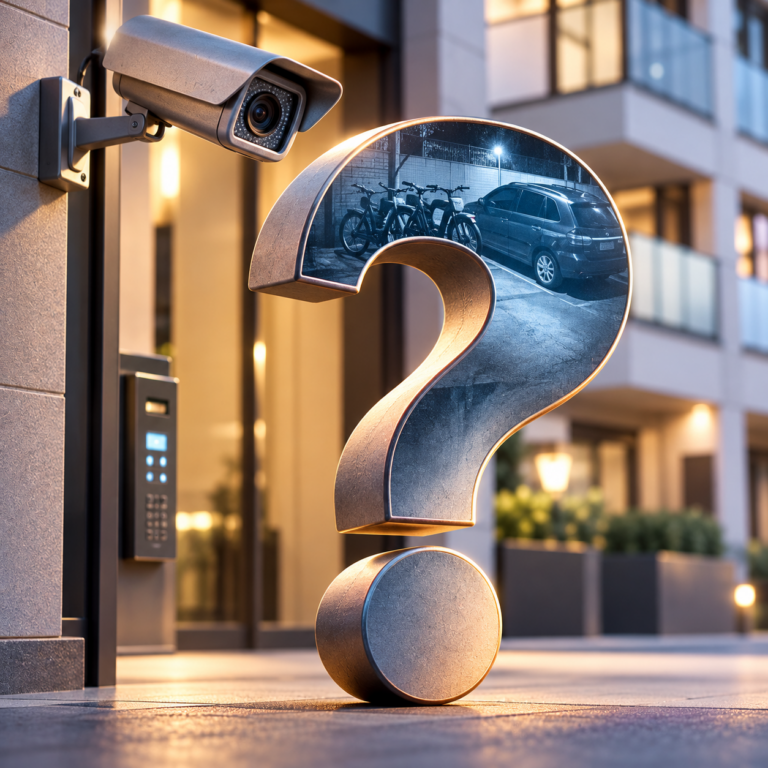 CCTV camera outside a London block of flats with a question mark highlighting concerns over managing agent accountability.
