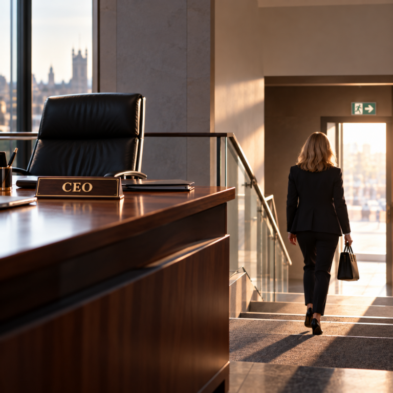 Woman leaving a CEO office, illustrating Sarah Elliot stepping down as Shelter chief executive