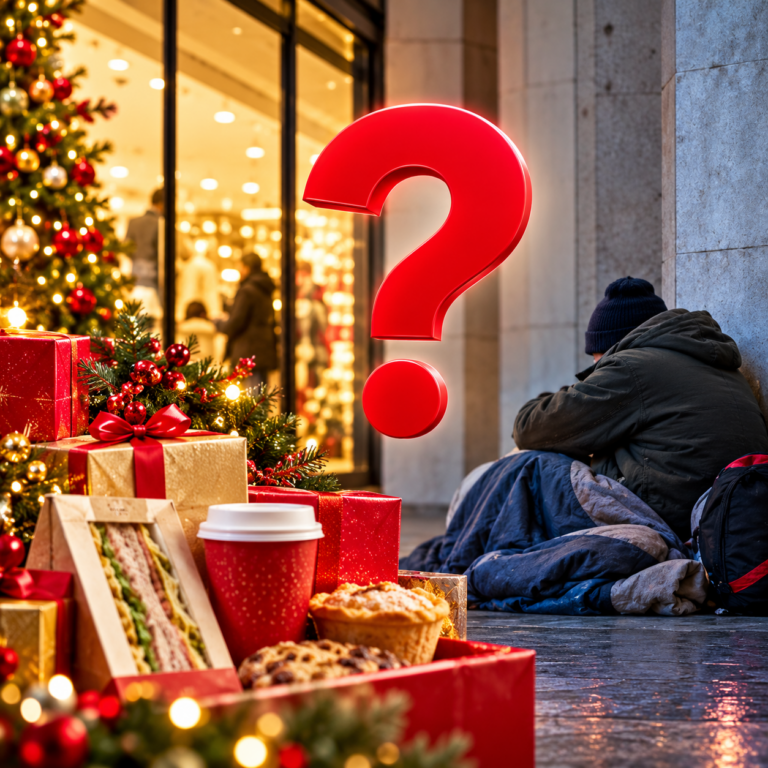 Christmas gifts and festive food beside a person sleeping rough, highlighting questions over M&S donations to Shelter.