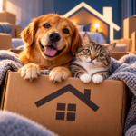 Golden retriever and tabby cat nestled in blankets inside a cardboard box displaying a house symbol.
