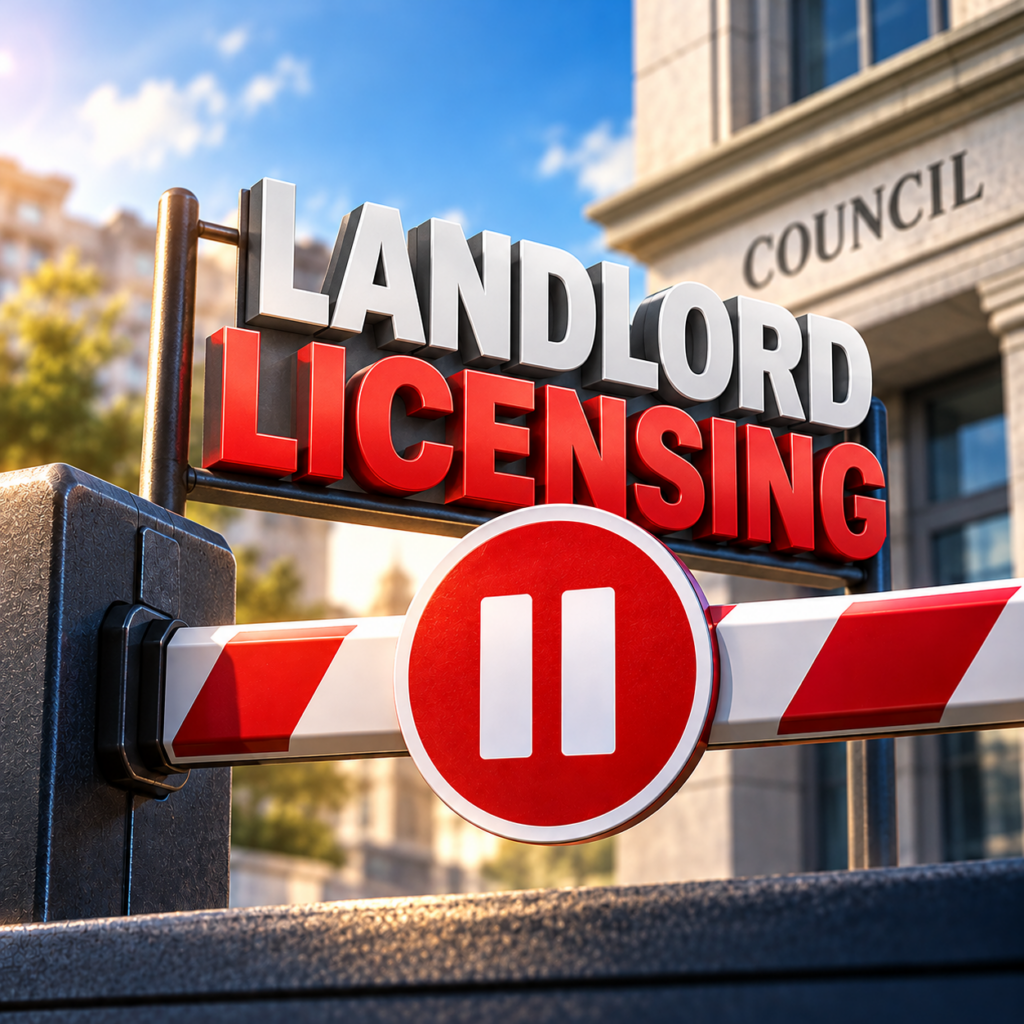 Landlord licensing sign behind a closed barrier outside a council building, symbolising a scheme paused after a legal challenge.