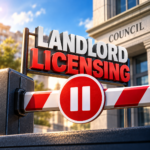 Landlord licensing sign behind a closed barrier outside a council building, symbolising a scheme paused after a legal challenge.