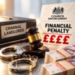 Council enforcement against criminal landlords, showing a gavel, handcuffs and financial penalties