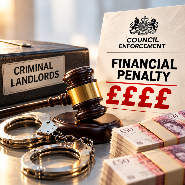 Council enforcement against criminal landlords, showing a gavel, handcuffs and financial penalties