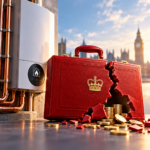 Cracked Treasury briefcase spilling coins beside a heat pump boiler, symbolising potential cuts to UK heating grants.