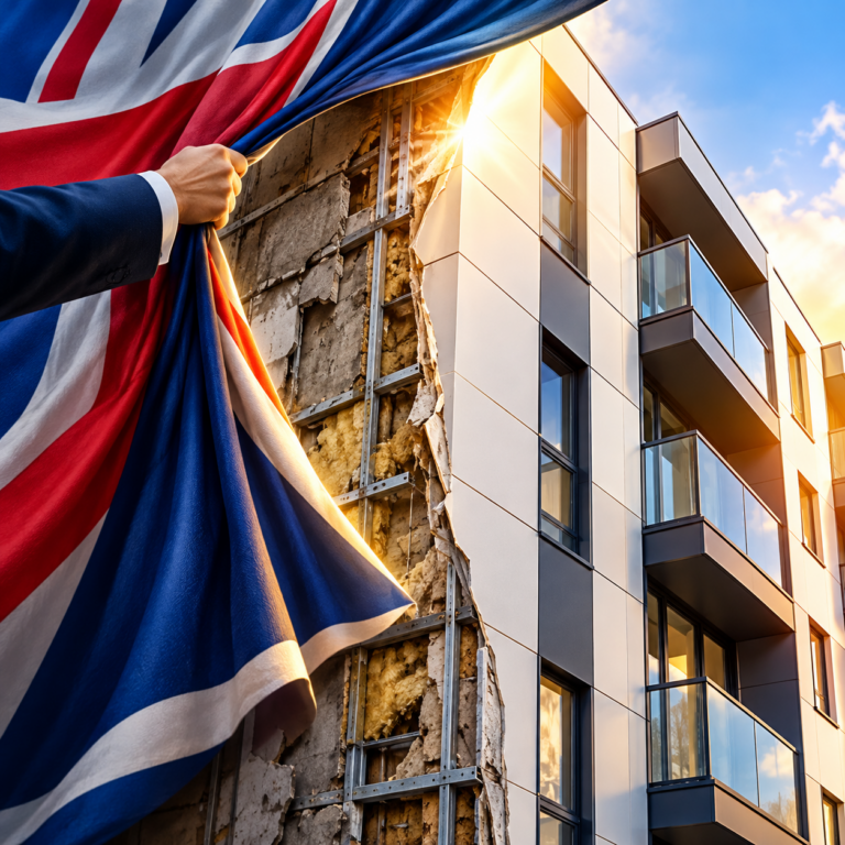 Union Jack pulled back to reveal unsafe cladding on a residential building as government introduces tougher remediation laws.