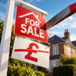 For sale sign with a crossed-out pound symbol illustrating asking price cuts on 41% of homes in England.