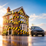 House wrapped in warning tape beside a car marked “No MOT”, highlighting landlord compliance fines