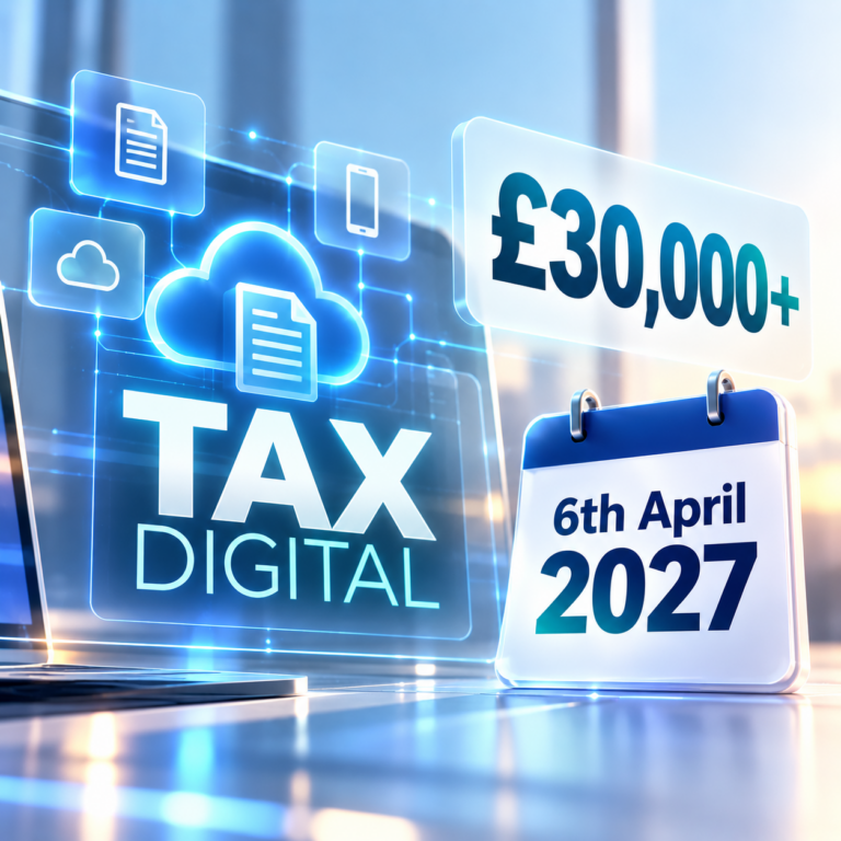 Digital tax graphic showing the £30,000 income threshold and 6 April 2027 Making Tax Digital deadline.