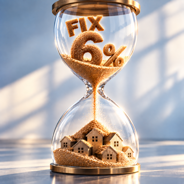 Hourglass showing a 6% rate above rental homes, illustrating refinancing pressure for landlords