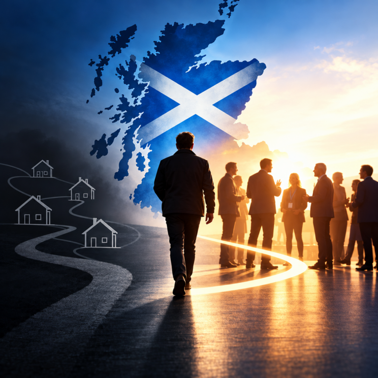Scottish map with Saltire flag, housing symbols and landlords networking, highlighting collaboration in Scotland's rental sector.