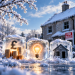 Snow-covered house for sale with frozen symbols representing rising winter energy bills and empty property costs.