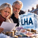 Worried older couple reviewing finances beside frozen LHA rates, highlighting the impact of rising rents on pensioners.