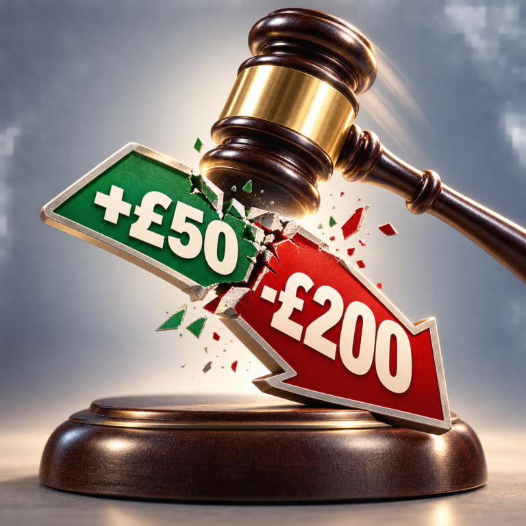 Judge's gavel smashing a £50 rent increase into a £200 reduction, illustrating a tribunal ruling against a landlord.