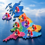Colour-coded UK map showing houses with downward red arrows, illustrating falling rents across eight regions.
