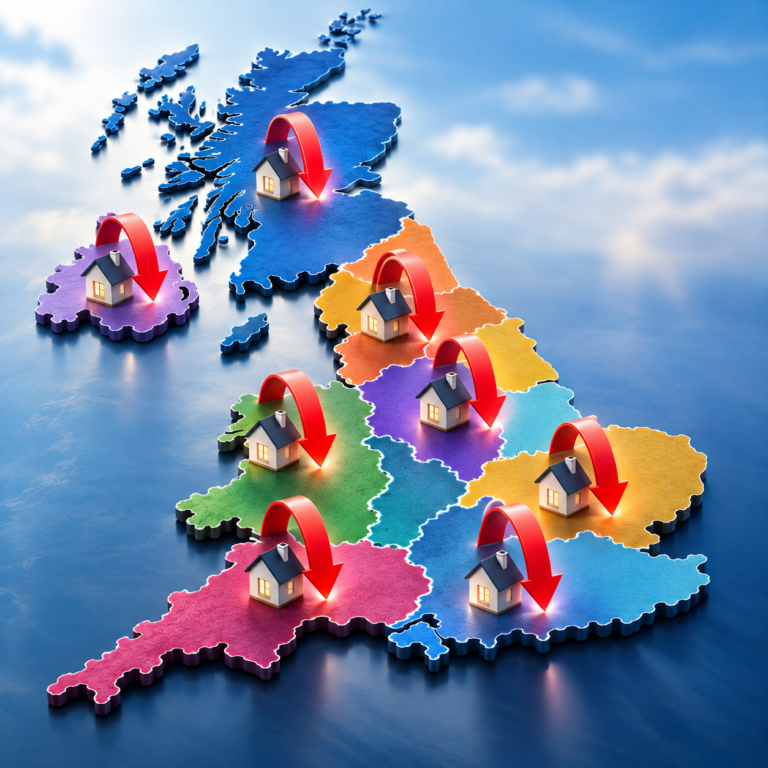 Colour-coded UK map showing houses with downward red arrows, illustrating falling rents across eight regions.