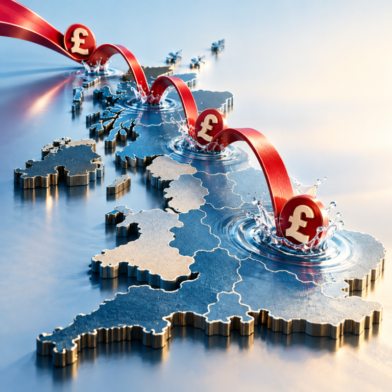 Red pound symbols falling onto a UK map, illustrating regional rent reductions and rental affordability pressures.