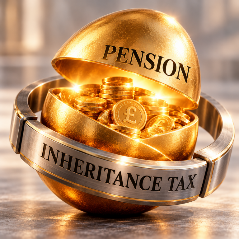 Golden pension fund filled with pound coins, symbolising inheritance tax changes and protecting family wealth.