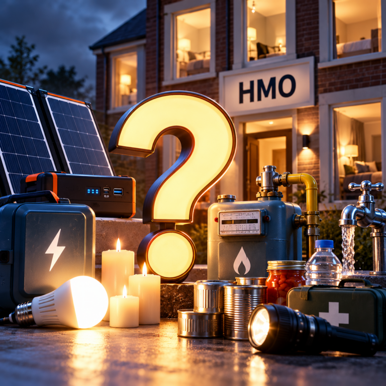 Emergency supplies including a solar panel, power bank, lanterns and food for HMO tenants during utility disruptions.