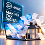 HMRC Making Tax Digital sign with laptop, rental property and tax records illustrating new reporting costs for landlords.