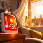 Digital thermometer showing 43°C inside an overheated home, highlighting dangerous excess heat hazards in England's housing.