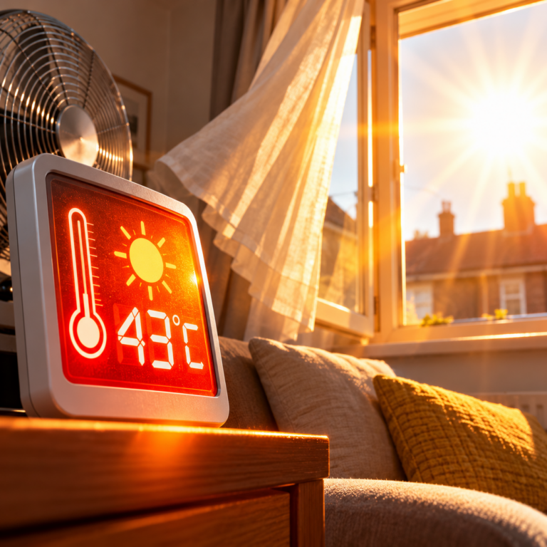 Digital thermometer showing 43°C inside an overheated home, highlighting dangerous excess heat hazards in England's housing.