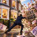 Landlord holding back a giant ball labelled rent rises outside rental homes to protect tenants from higher costs.