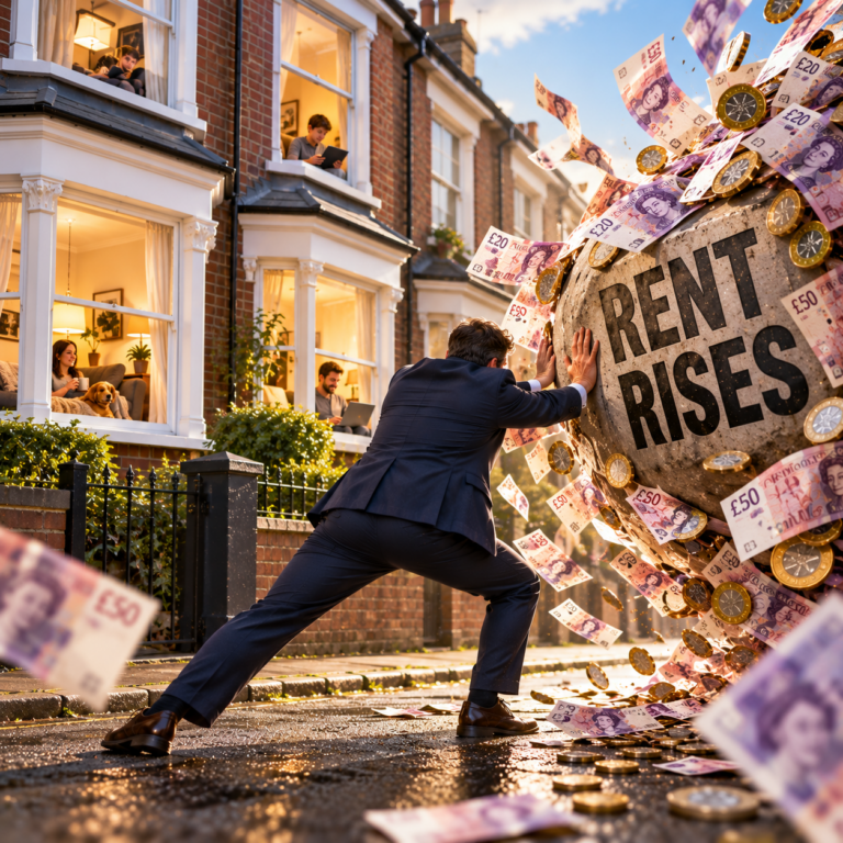 Landlord holding back a giant ball labelled rent rises outside rental homes to protect tenants from higher costs.
