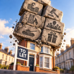 UK rental property beneath crumbling blocks symbolising taxation, cladding failures and mounting pressures on landlords.