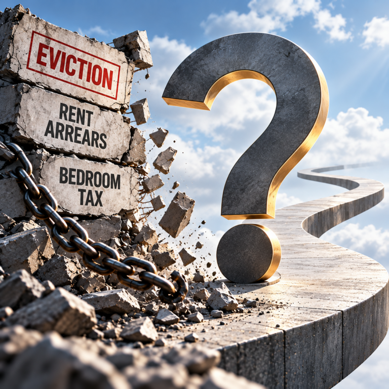 Crumbling wall marked eviction, rent arrears and bedroom tax beside a question mark symbolising housing uncertainty.