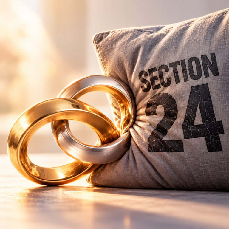 Two interlocked wedding rings beside a Section 24 cushion, symbolising spouse partnerships and landlord tax planning.
