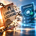 Broken landlord licensing sign beside a national property database, illustrating proposed licensing reform
