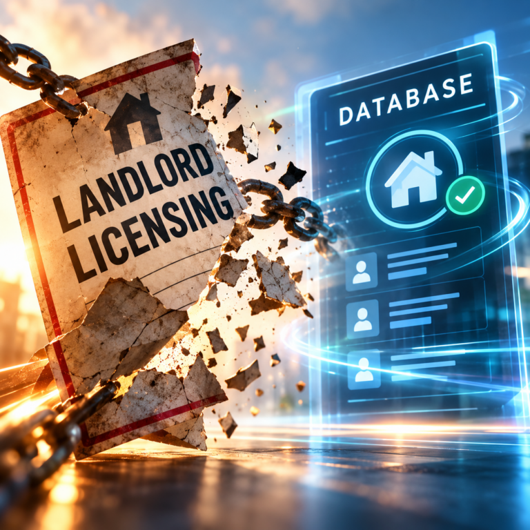 Broken landlord licensing sign beside a national property database, illustrating proposed licensing reform
