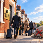 Landlords with suitcases leaving rental properties, passing a mortgage-free sign and a crossed-out debt symbol.