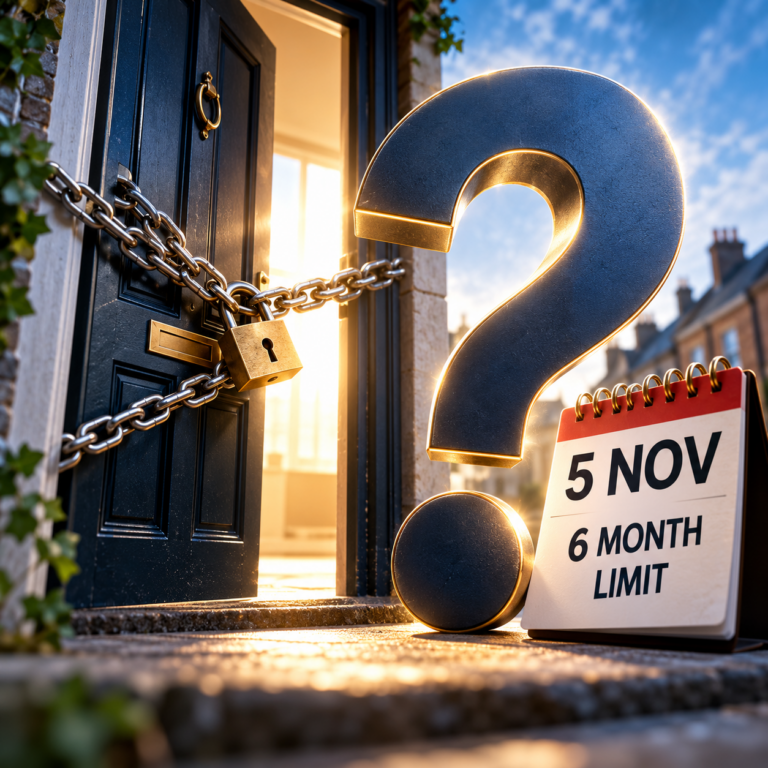 Chained property door, question mark and 5 November calendar highlighting concerns over six-month empty dwelling rules.