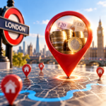 London property investment map with pound coins, highlighting prime London rental yields reaching their highest since 2009.